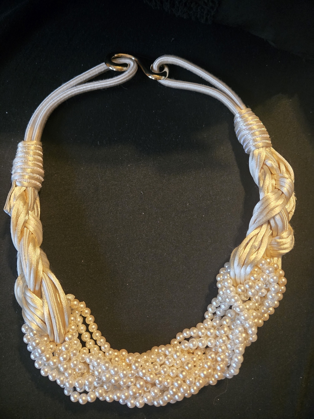 Vintage 90s Rhea Jewelry Co Pearl Statement Necklace Braided Satin